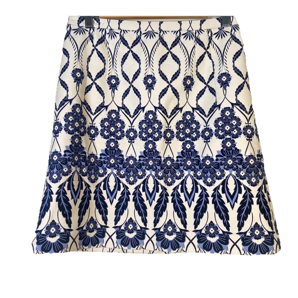 J Crew Skirt Size 6 Blue Floral Pencil‎ Cotton Zip Up Office Preppy Party Casual